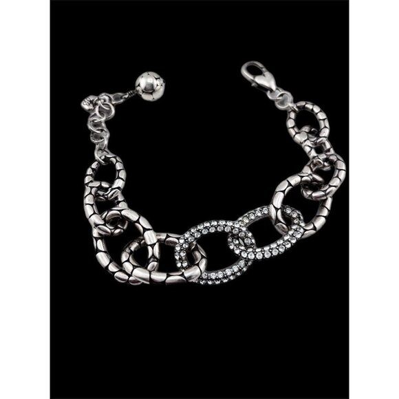 Brighton SILVER TONE TEXTURED CHAIN CRYSTAL 9" BRACELET BALL CHARM - Picture 4 of 5